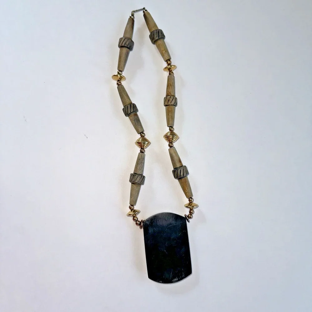 Vintage Tribal Pendant Necklace Women 20in Tan Gold Brutalist Boho Statement